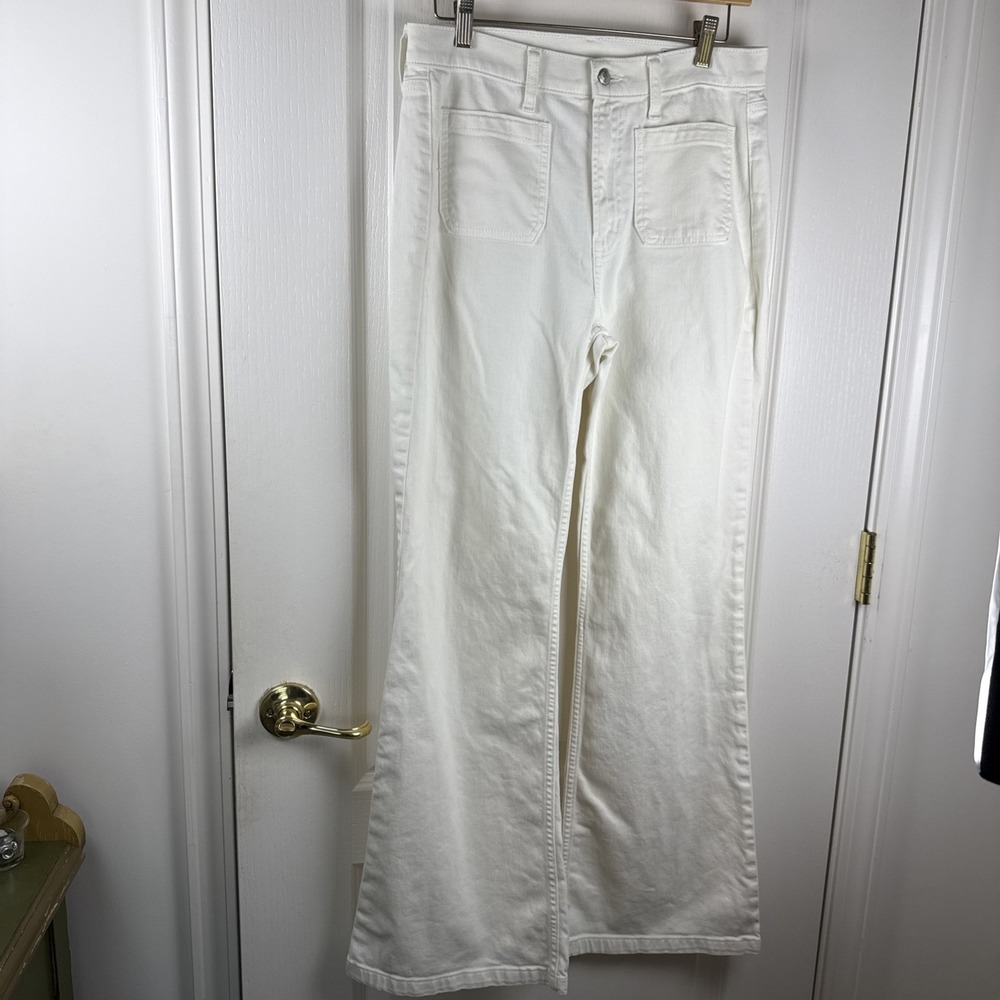 Gap 70's FLARE Stretch Jeans Women's 27 High Rise Optic White Patch Pocket Sz 4